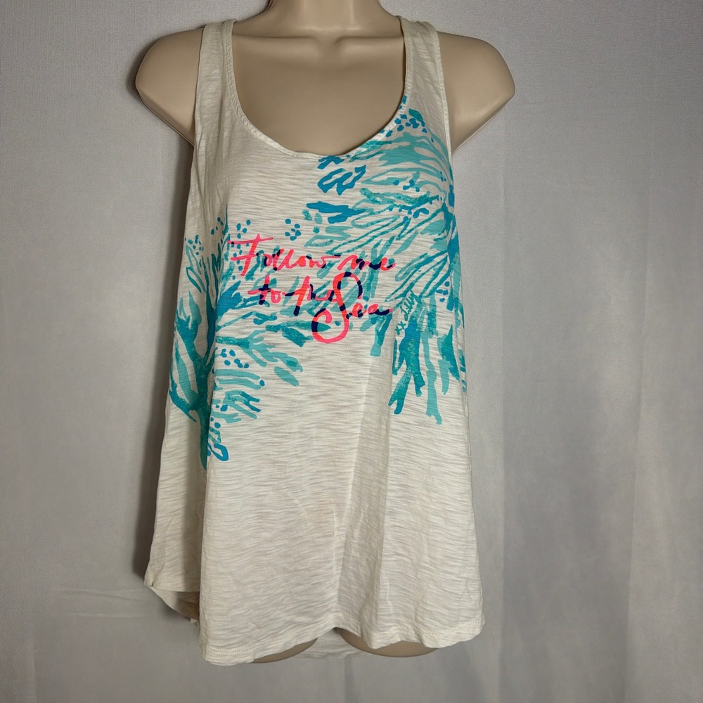 Lilly Pulitzer Tank Top Follow Me To The Sea Coral Pima Cotton White Womens